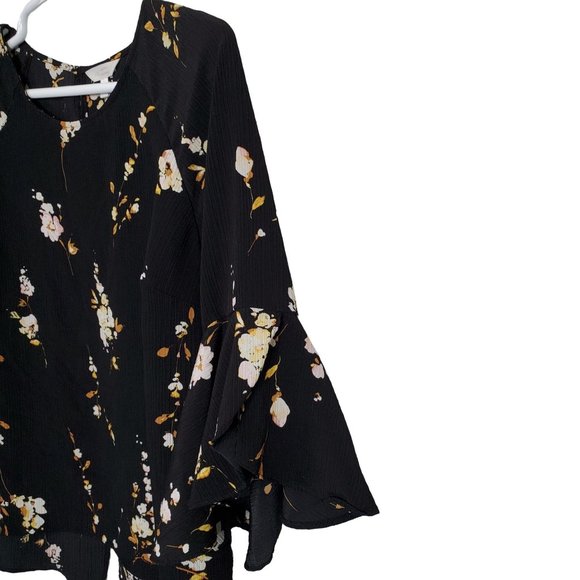 Lauren Conrad Sz 1X Blouse Floral Crinkle Flared Tulip Sleeves Back Slit Black - Picture 10 of 10